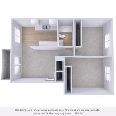 Floor plan for 2 beds, 1 bath, 950 sqft